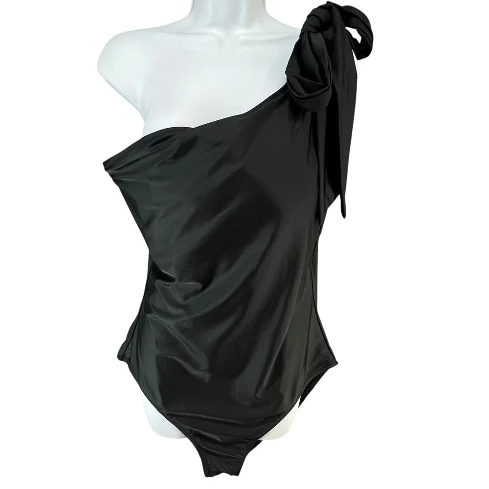 J Crew One Piece Womens 16 Black Bow One Shoulder‎ Swimsuit Modern Chic Beach